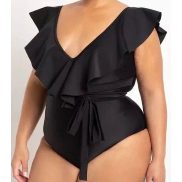 Eloquii Other - NWT Eloquii Glamour Sexy One Piece Swimsuit Black Ruffle Flutter Resort Pool 18